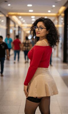 craiyon_125413_A_closeup_shot_In_a_bustling__warmly_lit_mall_corridor__a_skinny_but_attractive_Indian_40ish_woman_w